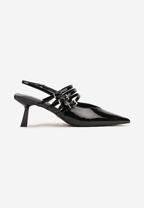 Czarne Lakierowane Sandały Kaczuszki Wykończone Paskami ze Sprzączkami Brinivia