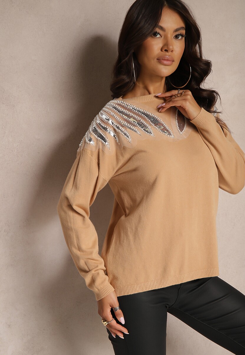 Szary Sweter z Wiskozą Ozdobiony Koralikami i Cekinami Nevarita