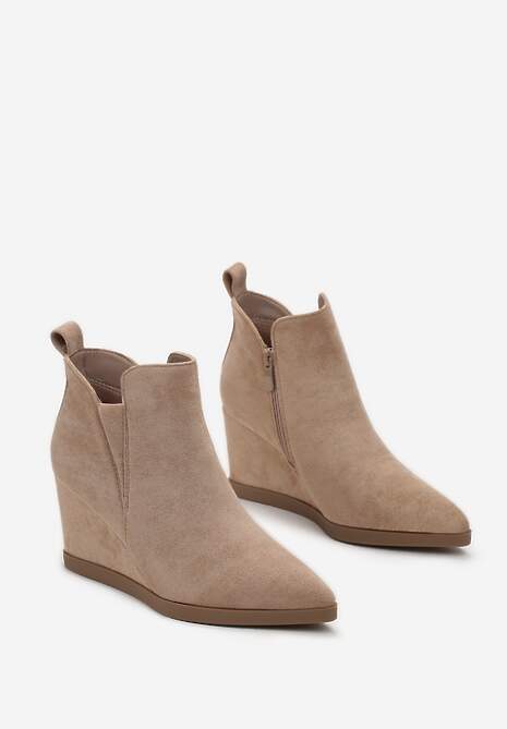 Ciemnobeżowe Botki na Koturnie z Ekozamszu Ozdobione Rozcięciem Baly