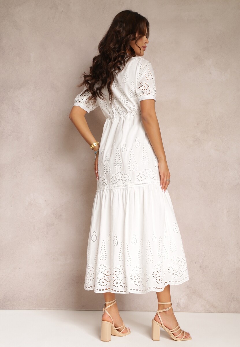 Biała Haftowana Sukienka Bawełniana ze Ściągaczem w Talii Ineryna