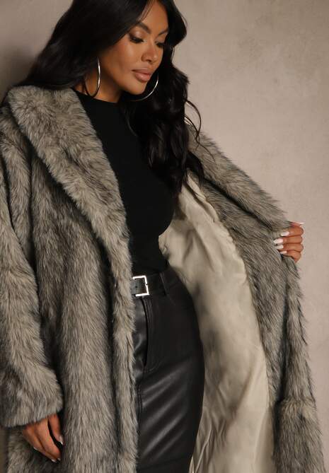 Beżowo-Czarny Płaszcz Futerko o Długim Kroju Ozdobiony Kołnierzem Cannesa