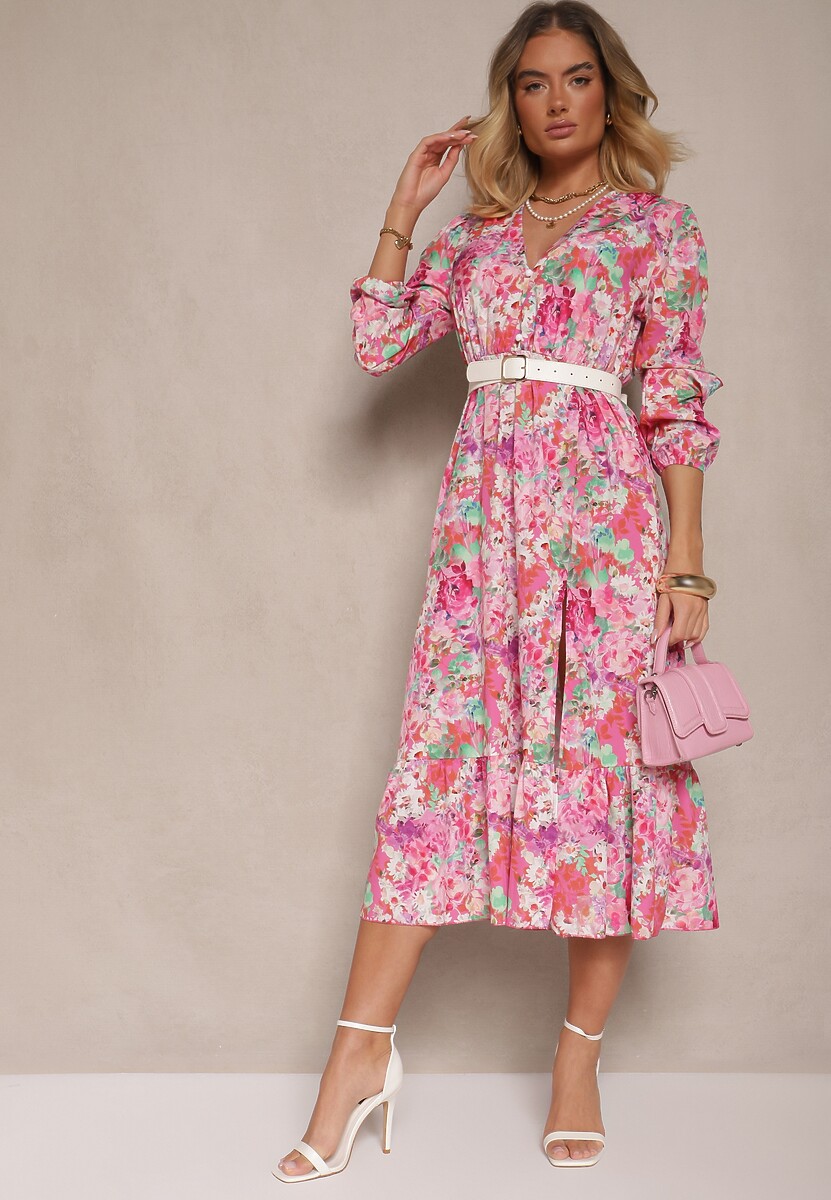 Różowa Sukienka w Kwiatowy Print o Rozkloszowanym Kroju z Dekoltem w Serek Janellia