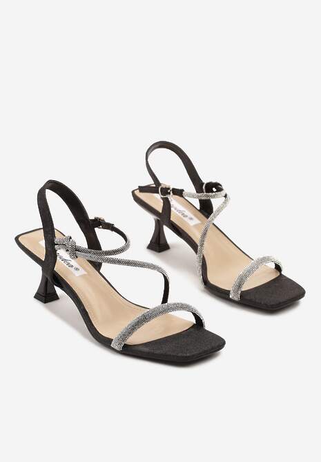 Czarne Sandały na Ozdobnym Obcasie z Cyrkoniami na Paseczkach Emkio