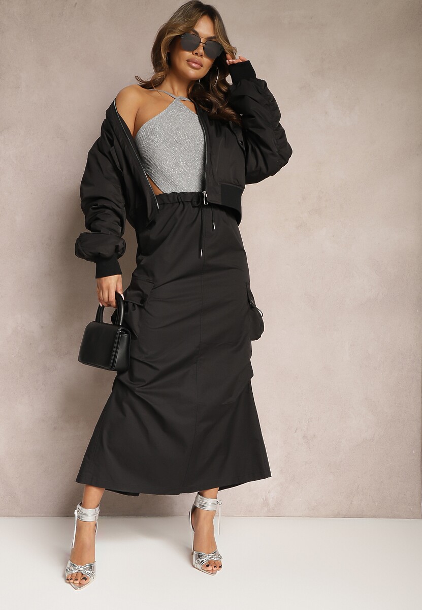 Czarna Marszczona Spódnica Midi w Stylu Cargo z Gumką w Talii Gacieam