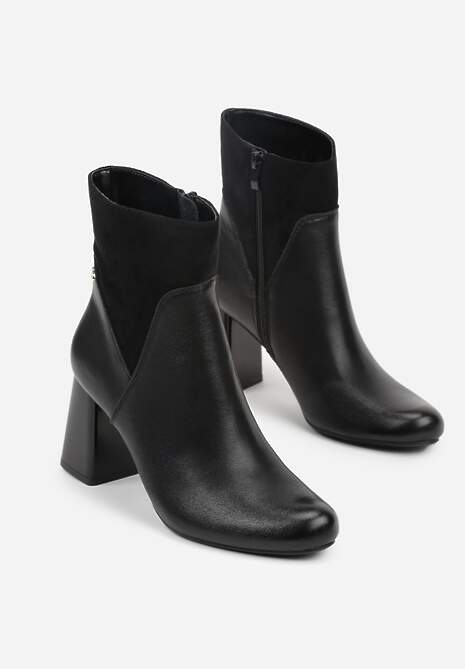 Czarne Botki ze Skóry Naturalnej ze Wstawką z Imitacji Zamszu na Słupku Salasia