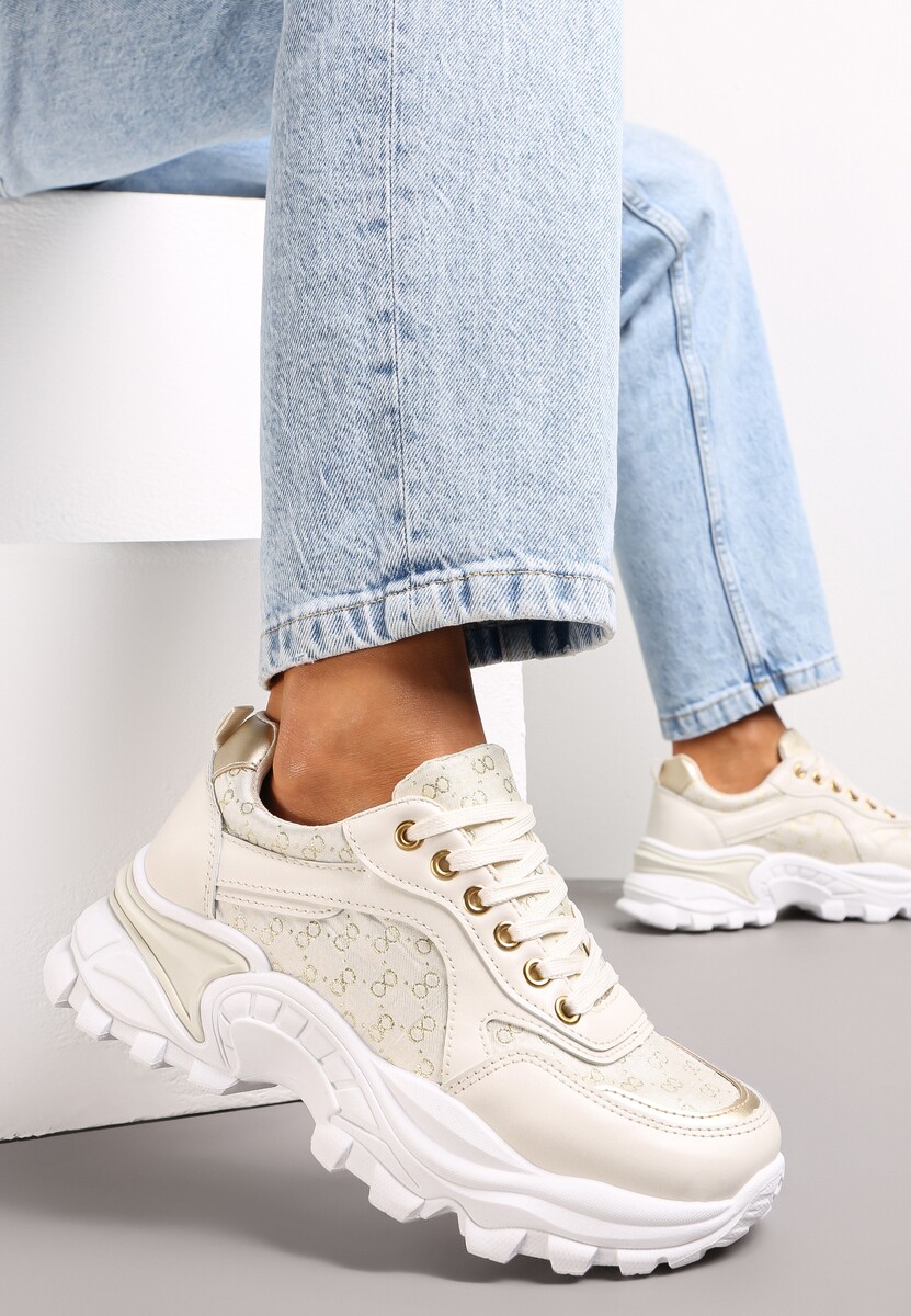 Beżowe Sneakersy z Metaliczną Nitką na Grubej Podeszwie Melimeda