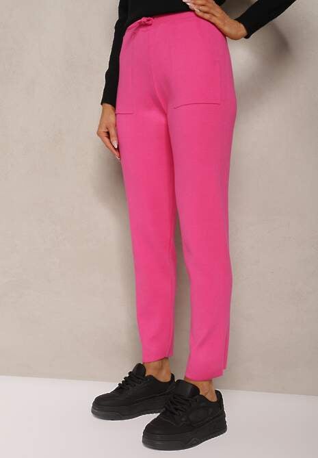 Fuksjowe Spodnie z Bawełną High Waist Ozdobione Sznurkiem Venaline