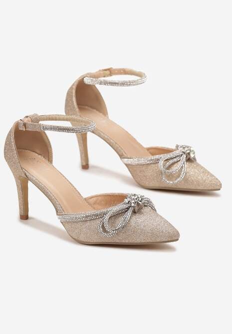 Złote Szpilki z Ekoskóry na Szpilce Ozdobione Kokardą i Cyrkoniami Dovanda