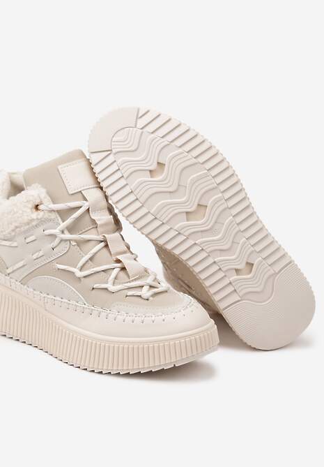 Beżowe Śniegowce Traperki Vices z Futerkiem Typu Baranek i Platformą Terivelle