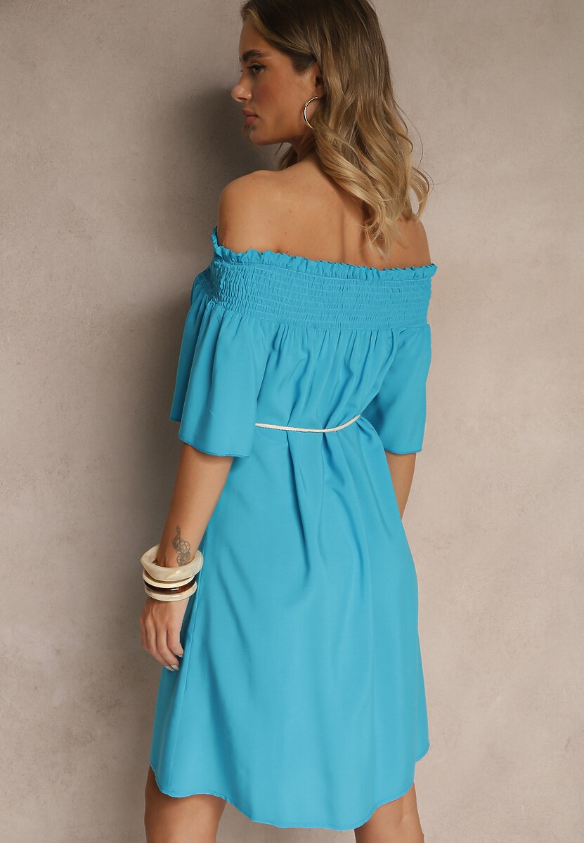 Niebieska Sukienka Hiszpanka z Bawełną i Wiskozą Ozdobiona Sznurkiem Lilarelle