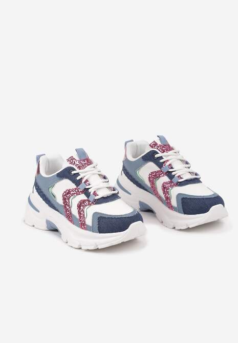 Niebieskie Sznurowane Sneakersy na Platformie Ozdobione Brokatem Betira