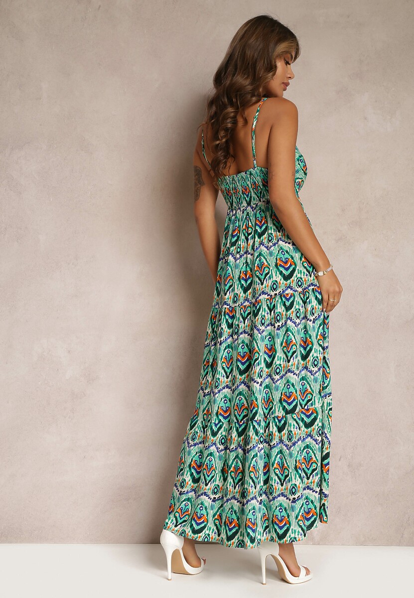 Zielona Wiskozowa Sukienka na Ramiączkach z Gumką w Pasie i Głębokim Dekoltem Konille