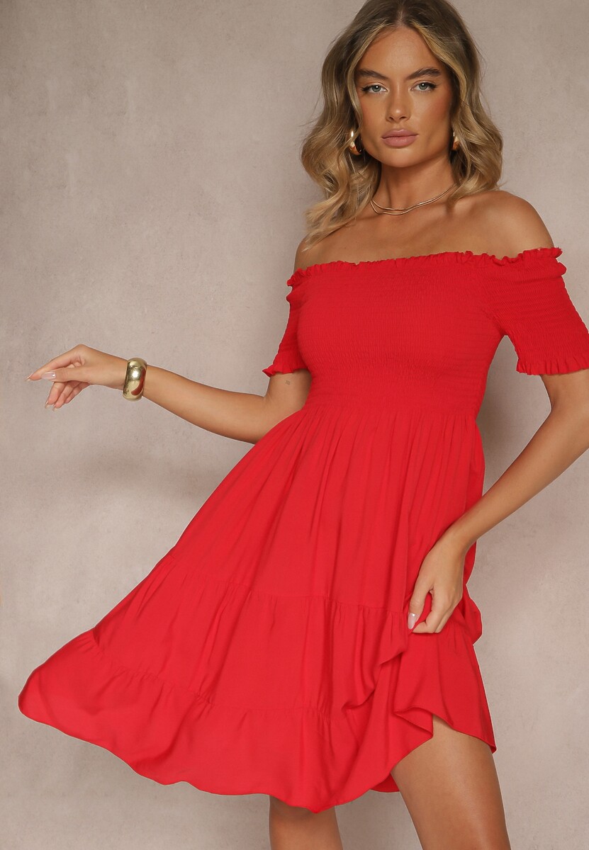 Biała Letnia Sukienka z Bawełny o Fasonie Hiszpanki z Rozkloszowanymi Falbanami Lorania