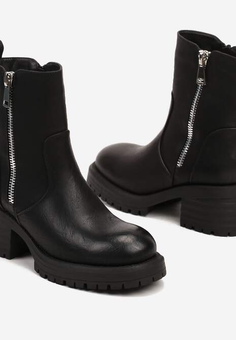 Czarne Botki na Słupku z Imitacją Suwaka Rialitha