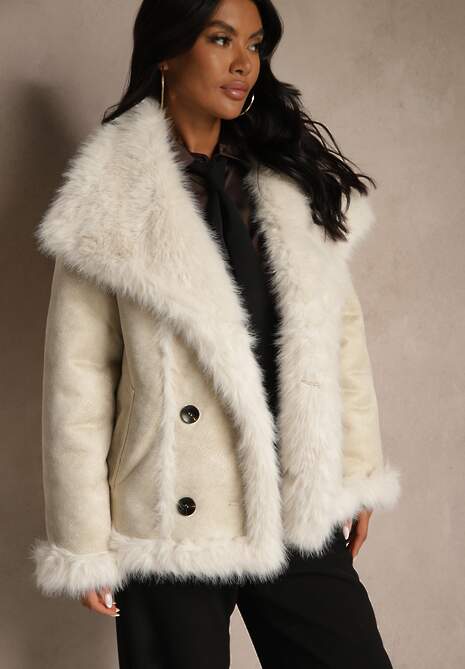 Beżowa Dwustronna Kurtka Biker Ozdobiona Futerkiem Flitta