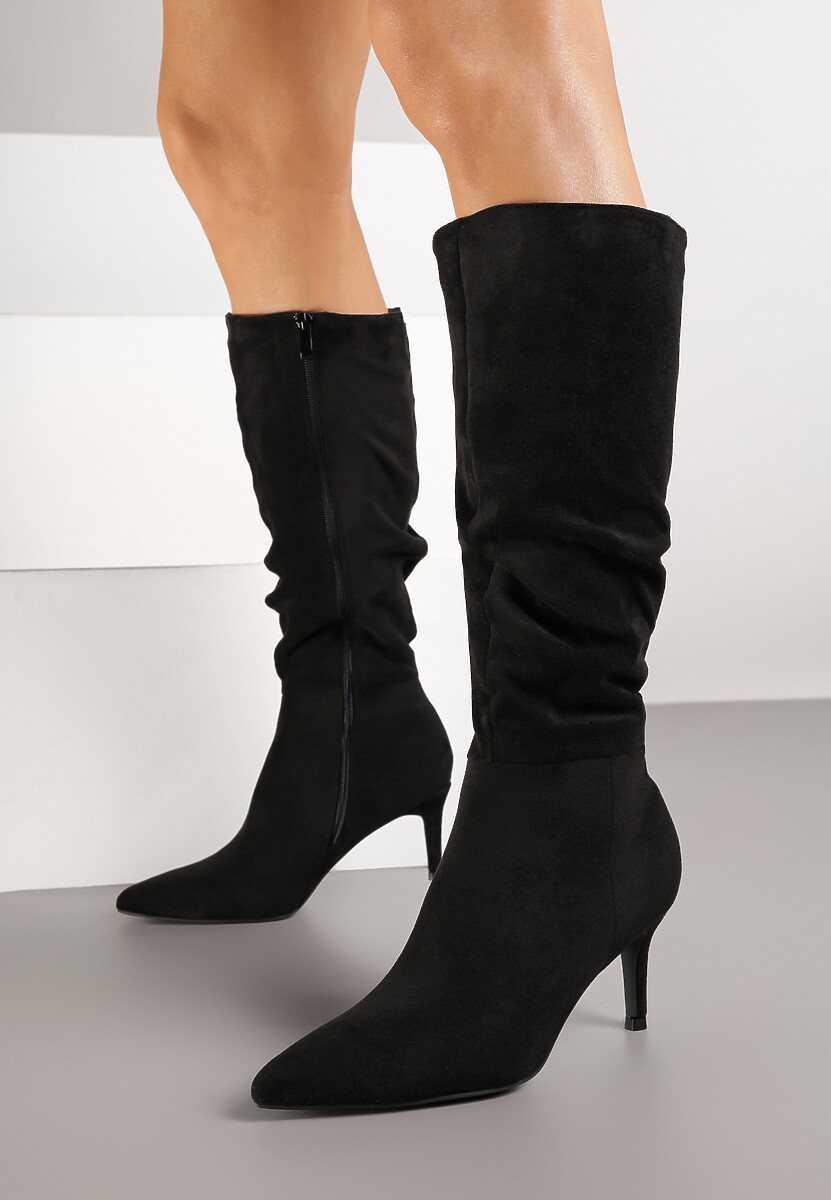 Czarne Marszczone Kozaki z Imitacji Zamszu na Obcasie Typu Szpilka Rilavira