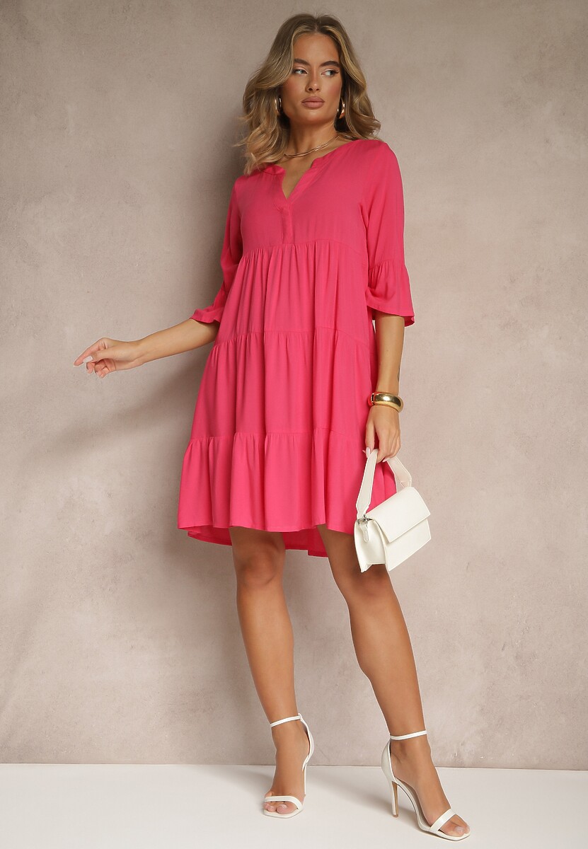 Ciemnoróżowa Wiskozowa Sukienka o Rozkloszowanym Kroju Ozdobiona Falbanami Lirione