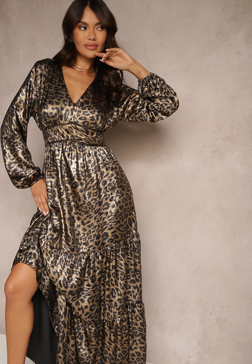 Czarno-Złota  Sukienka w Panterkę o Rozkloszowanym Kroju z Falbankami i Gumką w Pasie Firintina