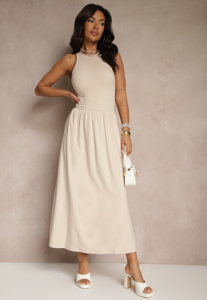 Jasnobeżowa Rozkloszowana Sukienka z Bawełny z Kieszeniami Lirevane