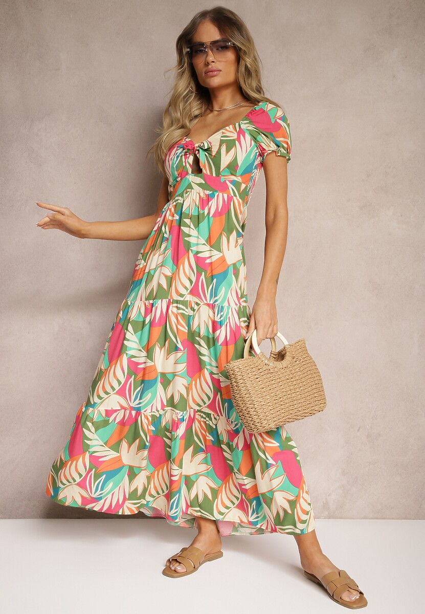 Czarna Rozkloszowana Kwiatowa Sukienka z Wiskozy Ozdobiona Falbanką i Wiązaniem Mevanya