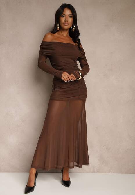 Brązowa Koktajlowa Sukienka z Prześwitującymi Rękawami i Marszczeniem Haludea