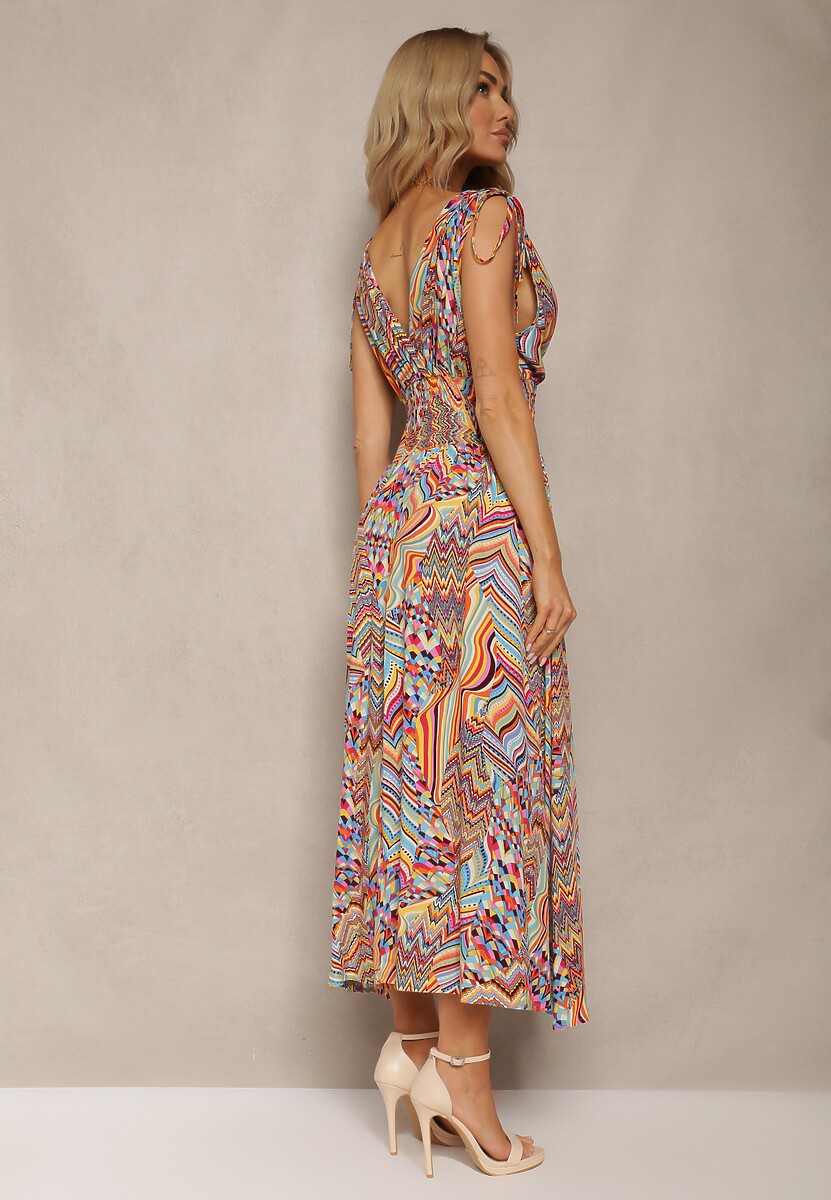 Żółto-Niebieska Boho Sukienka o Rozkloszowanym Kroju z Dekoltem w Serek i Gumką w Pasie Heteri