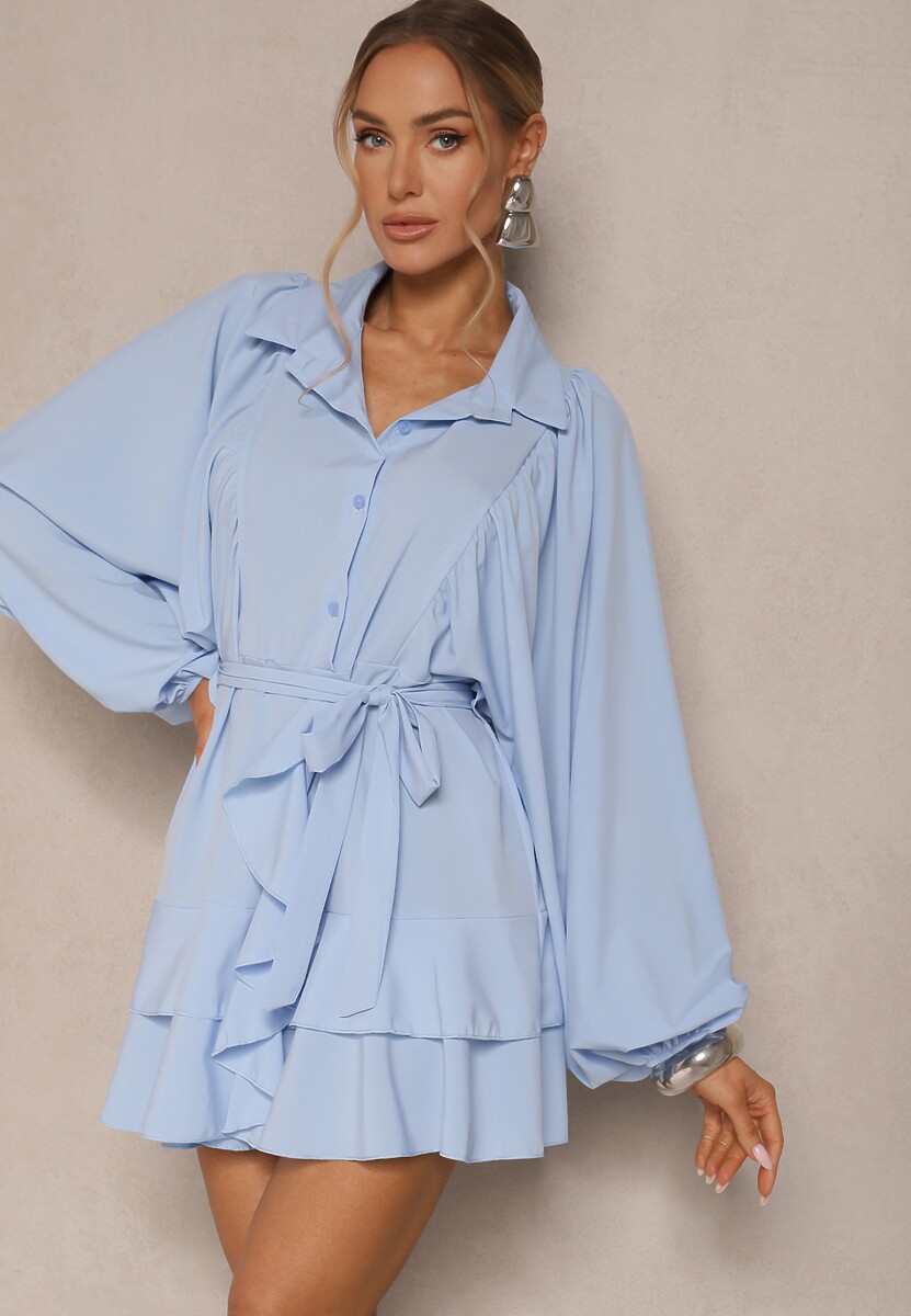 Beżowa Rozkloszowana Sukienka z Falbanami i Paskiem Divanessa