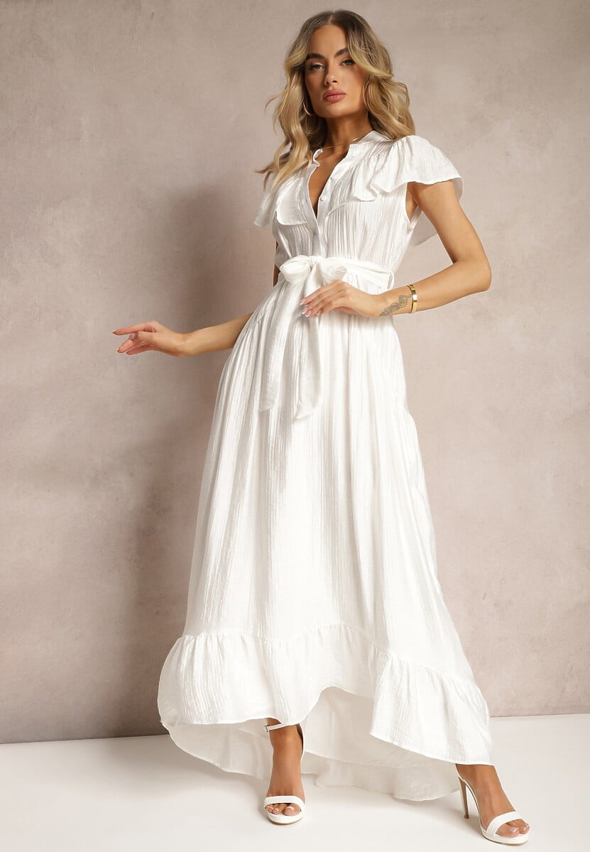 Biała Sukienka z Materiałowym Paskiem i Wiskozą Wykończona Guzikami i Falbanką Hanesi