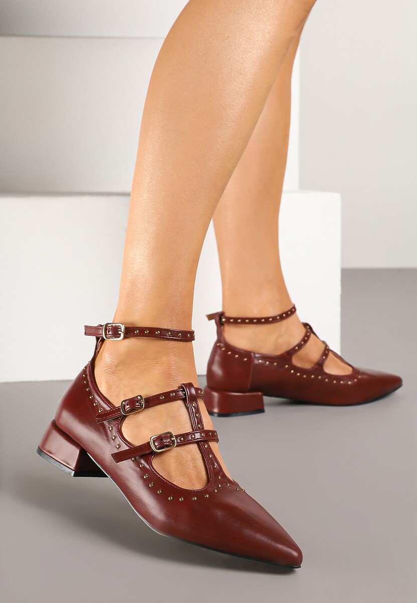 Ciemnobeżowe Czółenka z Paskami na Sprzączki i Nitami Nevisalae