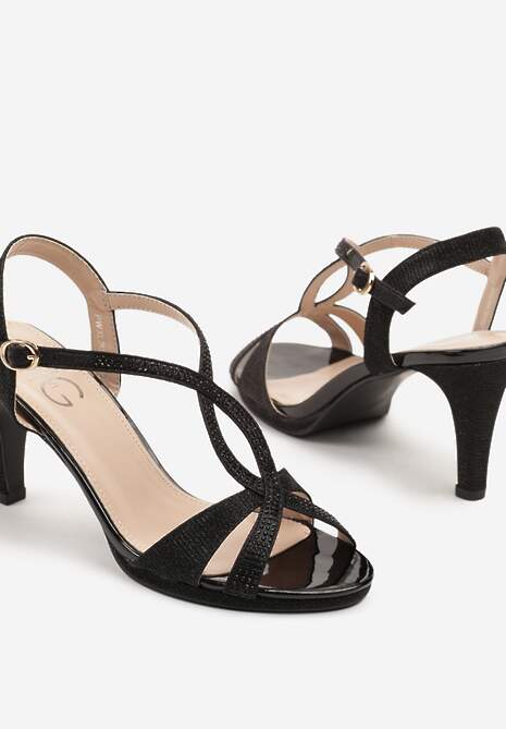 Czarne Brokatowe Sandały na Obcasie Ozdobione Paskami Clevera