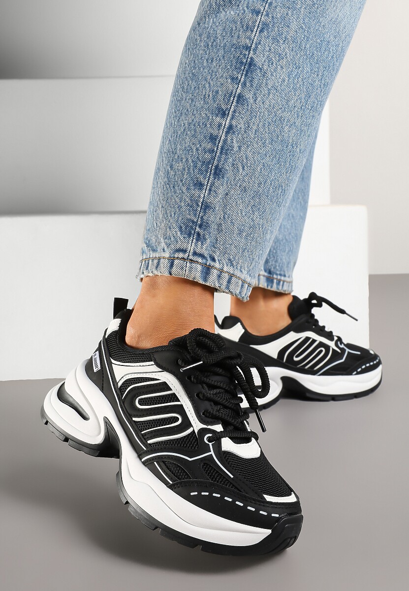 Czarne Sneakersy na Platformie Ozdobione Geometrycznym Motywem  Desaniel