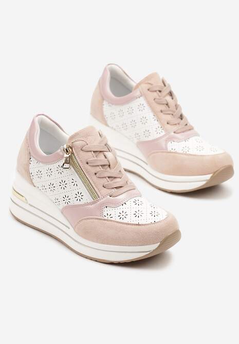 Różowe Sneakersy z Ażurową Perforacją Suwakiem i Ukrytym Koturnem Pelaria