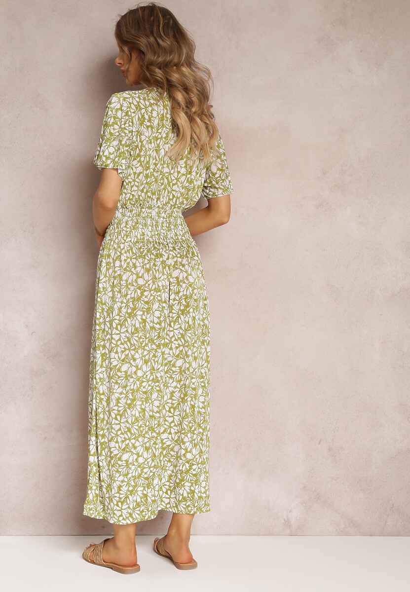 Jasnozielona Rozkloszowana Sukienka Maxi w Kwiaty z Gumką w Pasie Aeyana