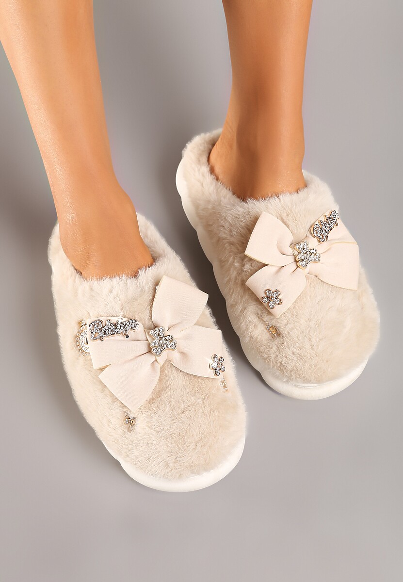Ciemnobeżowe Kapcie na Płaskiej Podeszwie z Futerkiem Kokardą i Cyrkoniami Mianoria