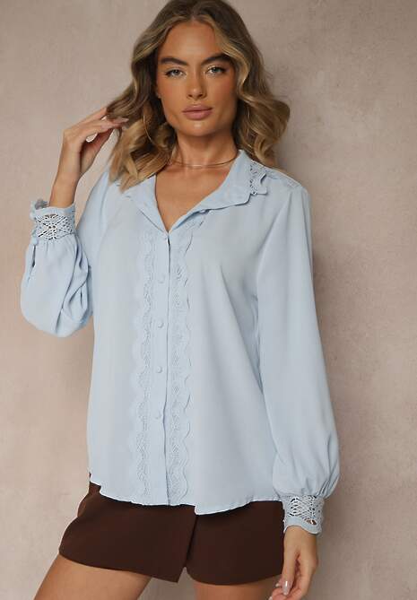 Jasnoniebieska Koszula z Ażurową Stójką i Bufiastym Rękawem Nito