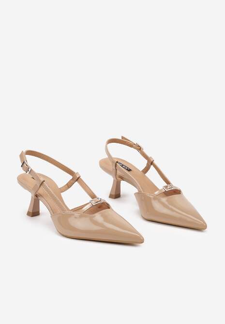 Beżowe Czółenka na Szpilce Typu Kaczuszka Peep Toe Ozdobione Klamrami Evalssia