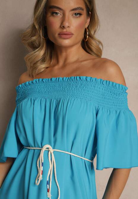 Niebieska Sukienka Hiszpanka z Bawełną i Wiskozą Ozdobiona Sznurkiem Lilarelle