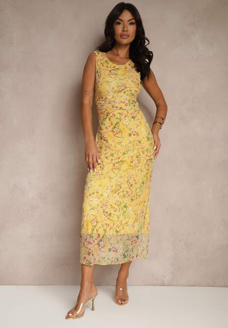 Żółta Sukienka o Taliowanym w Kwiatowy Wzór Lirandra