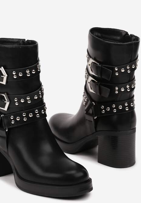 Czarne Botki w Stylu Biker z Licznymi Paskami z Nitami Nirinae