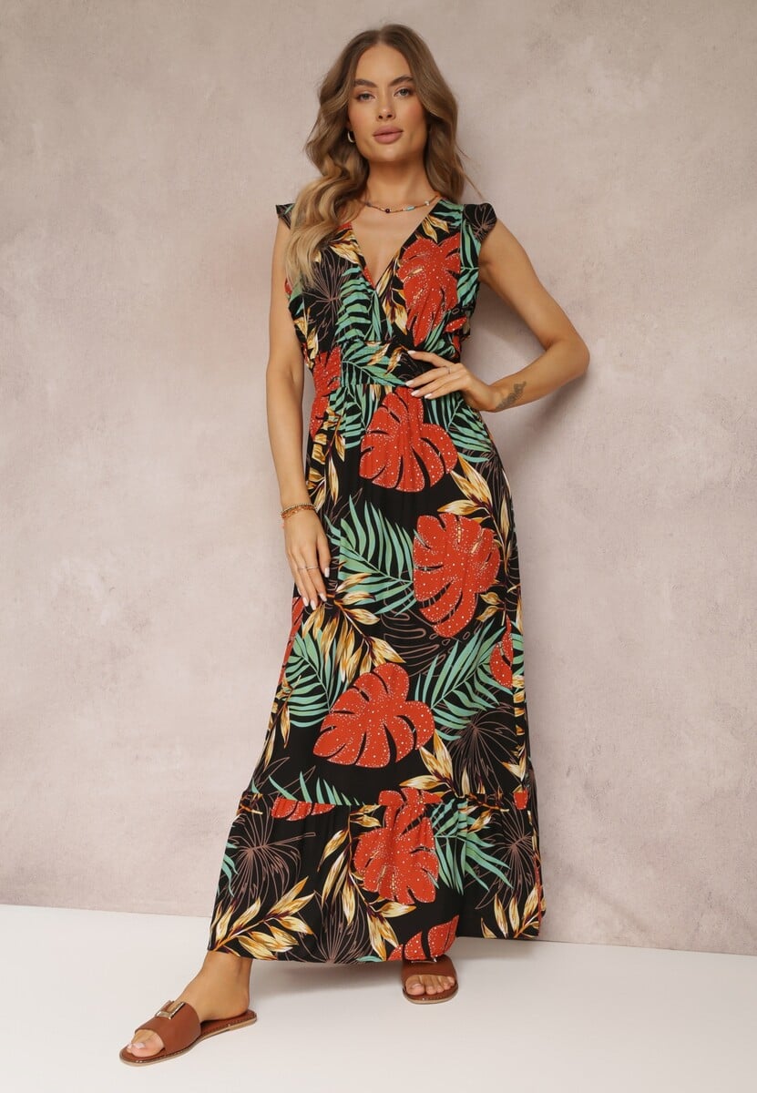 Czarna Kopertowa Sukienka Maxi z Wiskozy z Gumkami w Talii Leamone