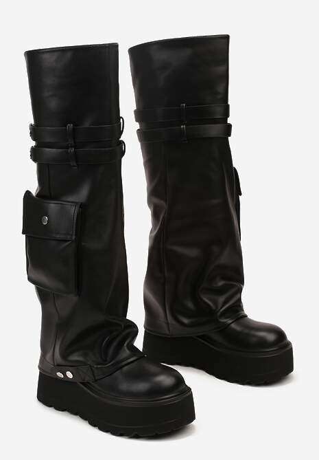 Czarne Kozaki na Platformie Ozdobione Kieszonką i Wywiniętą Cholewką Aflite