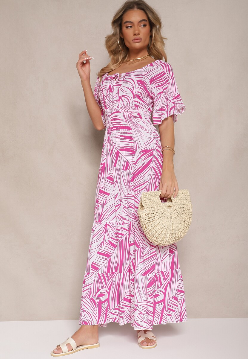 Różowa Sukienka z Bawełny o Rozkloszowanym Kroju z Motywem Liści Aluielle