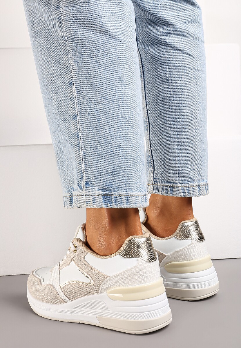 Beżowo-Białe Sneakersy na Niskim Koturnie z Materiałowymi Wstawkami Aquamarine