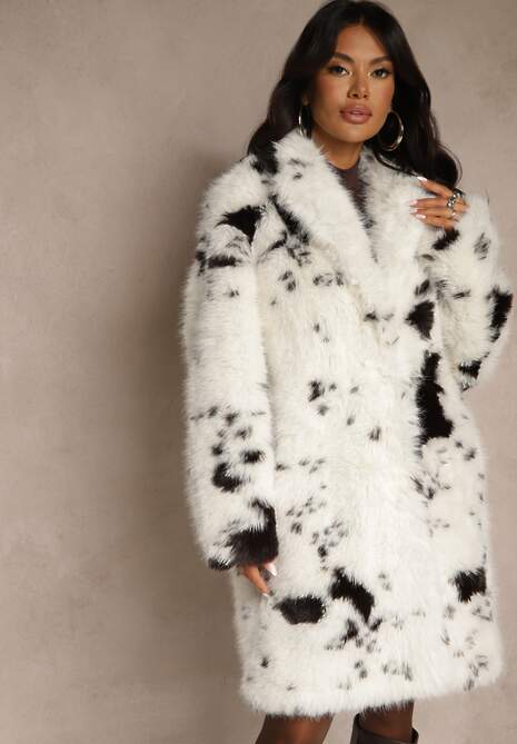 Biało-Brązowy Długi Futrzany Płaszcz w Krowie Łaty Otirona