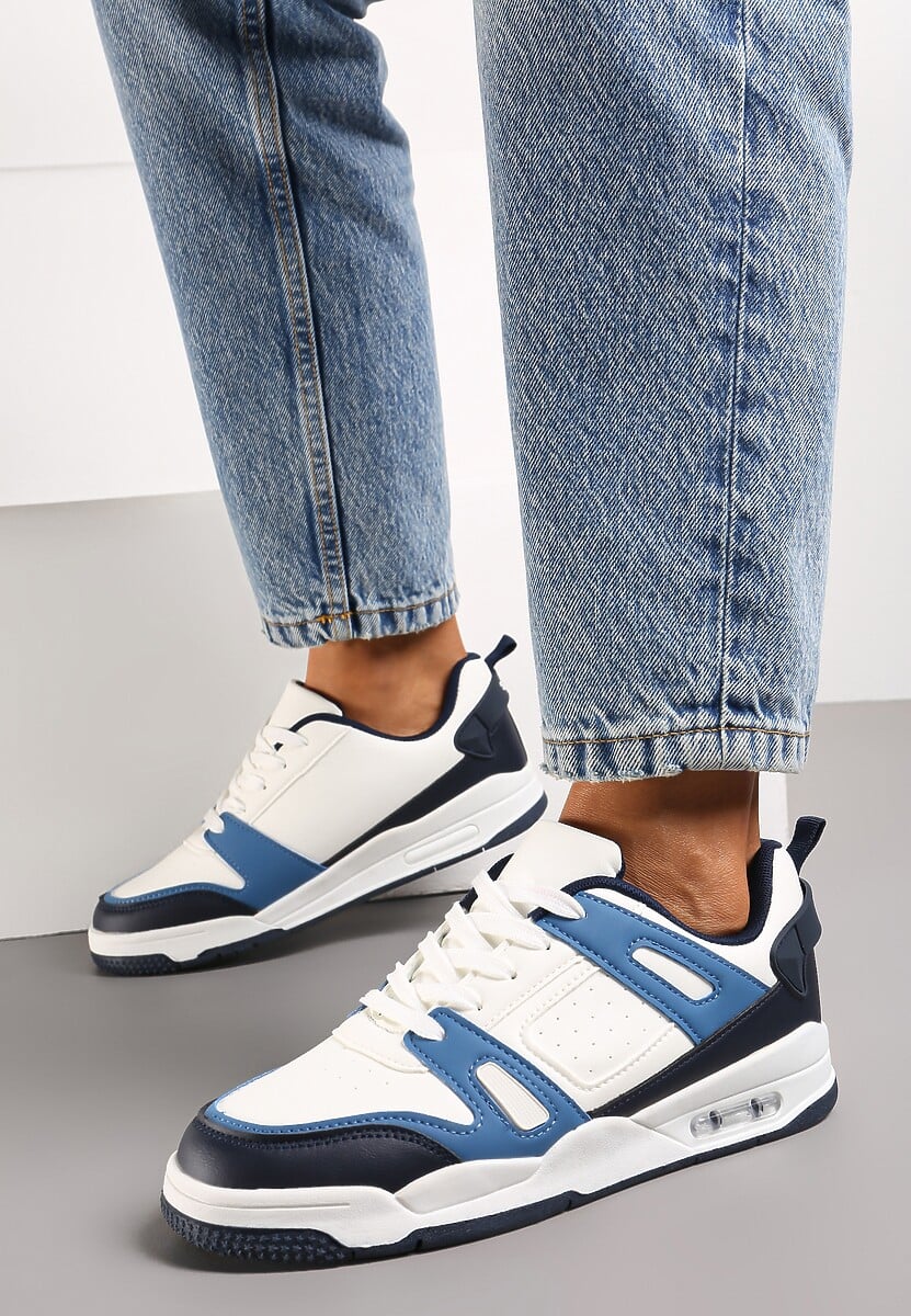 Biało-Granatowe Sznurowane Sneakersy z Licznymi Wstawkami z Ekoskóry Gwendias