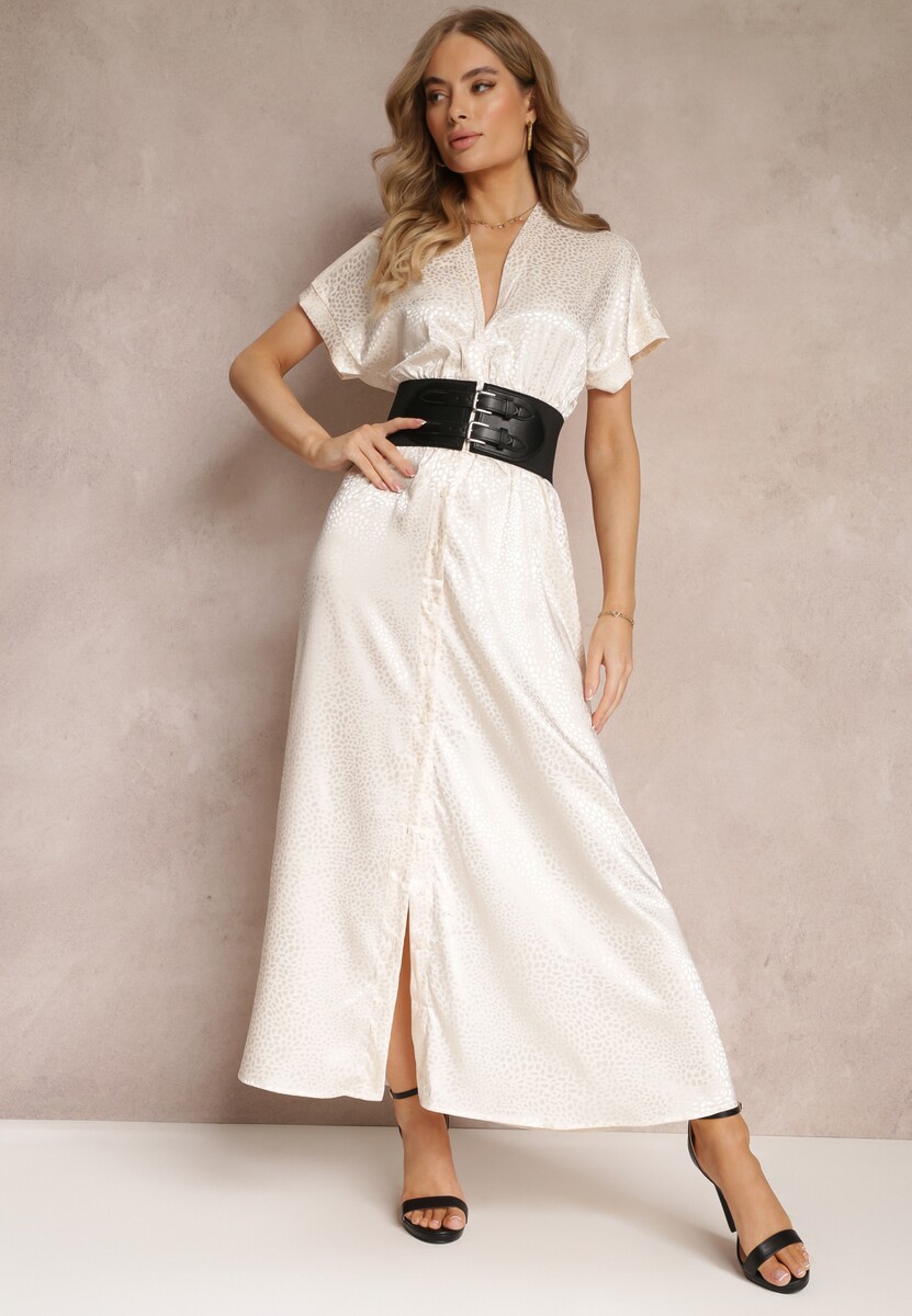 Beżowa Rozkloszowana Sukienka Maxi z Krótkim Rękawem i Elastycznym Paskiem Cruelli