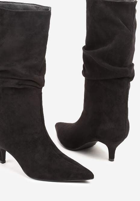 Czarne Botki na Kaczuszce z Marszczoną Cholewką Nalorena