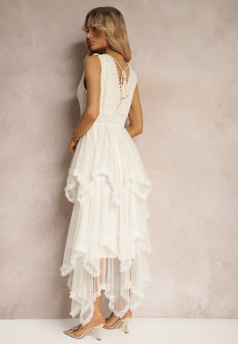 Beżowa Asymetryczna Sukienka Kopertowa z Wiązaniem na Plecach Driolla