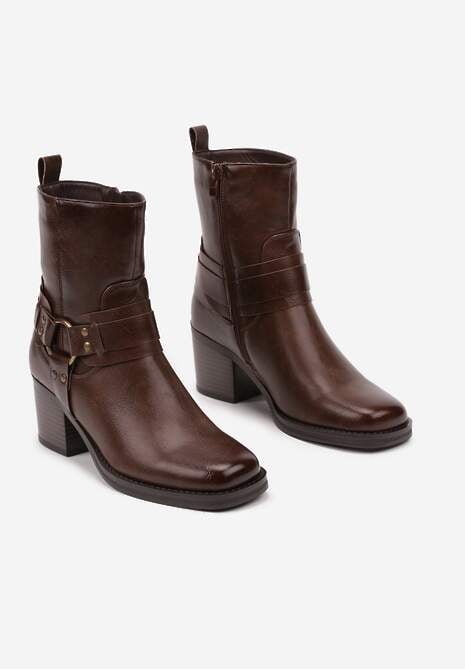 Ciemnobrązowe Botki na Słupku w Stylu Kowbojek z Klamrami Irivaria