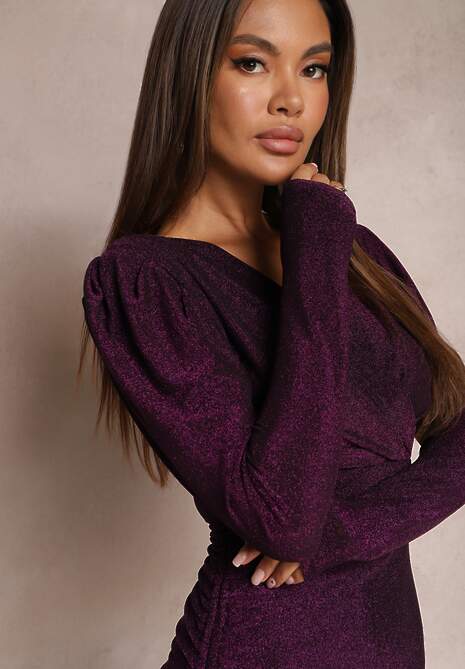 Fioletowa Metaliczna Sukienka Mini z Kopertowym Dekoltem z Drapowaniem i Bufiastymi Rękawami Ohema